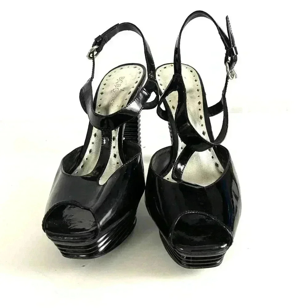 BCBG Black Leather Mary Jane Stiletto High Heels Sz 8.5 Platform Shiny Women's